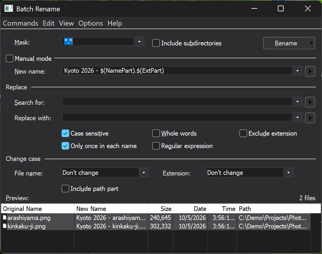 The Batch Rename dialog with a new-name pattern and a preview of the resulting names