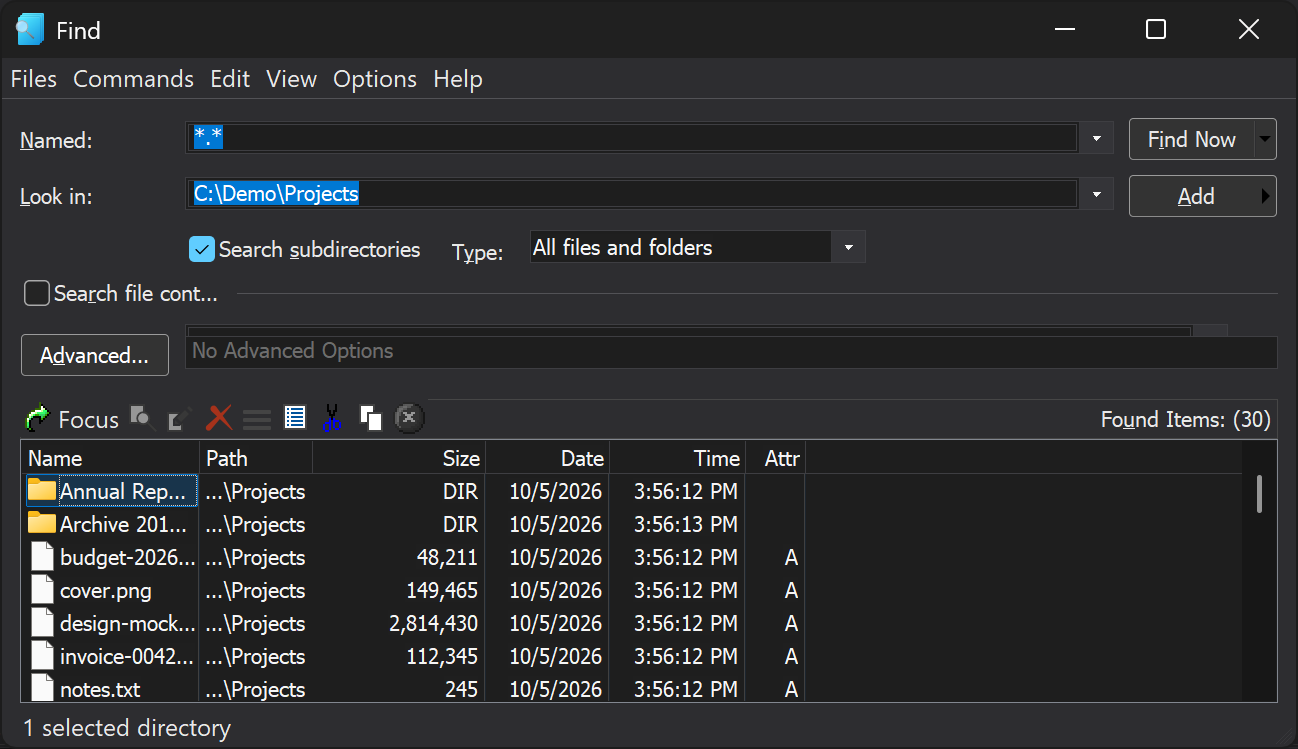 Sally's Find window listing found files and folders