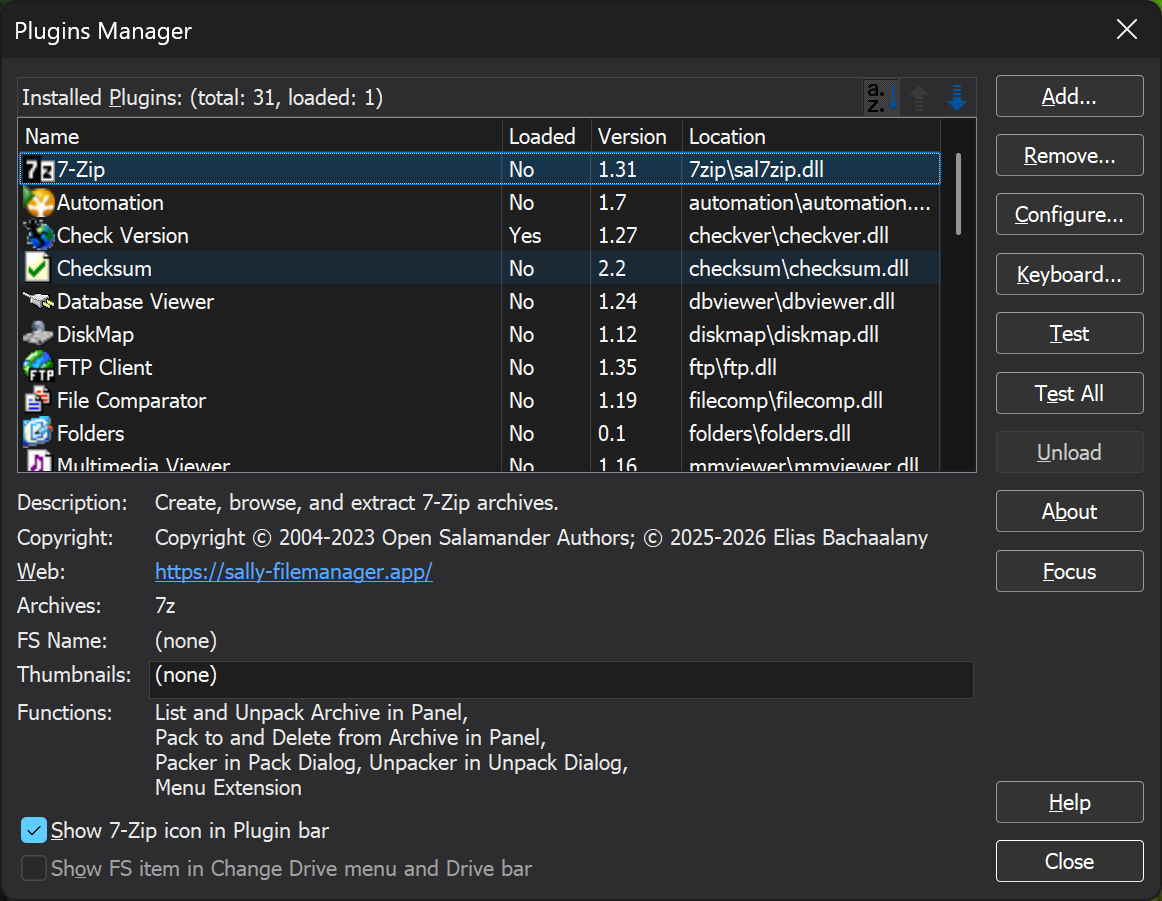 Sally's Plugins Manager listing installed plugins