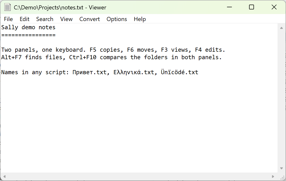 Sally's internal text viewer showing a text file with Cyrillic and Greek text